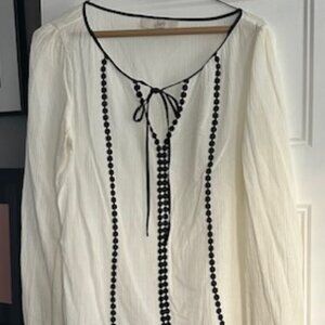 LOFT cream/black gauze long-sleeve shirt with tie front, Size M